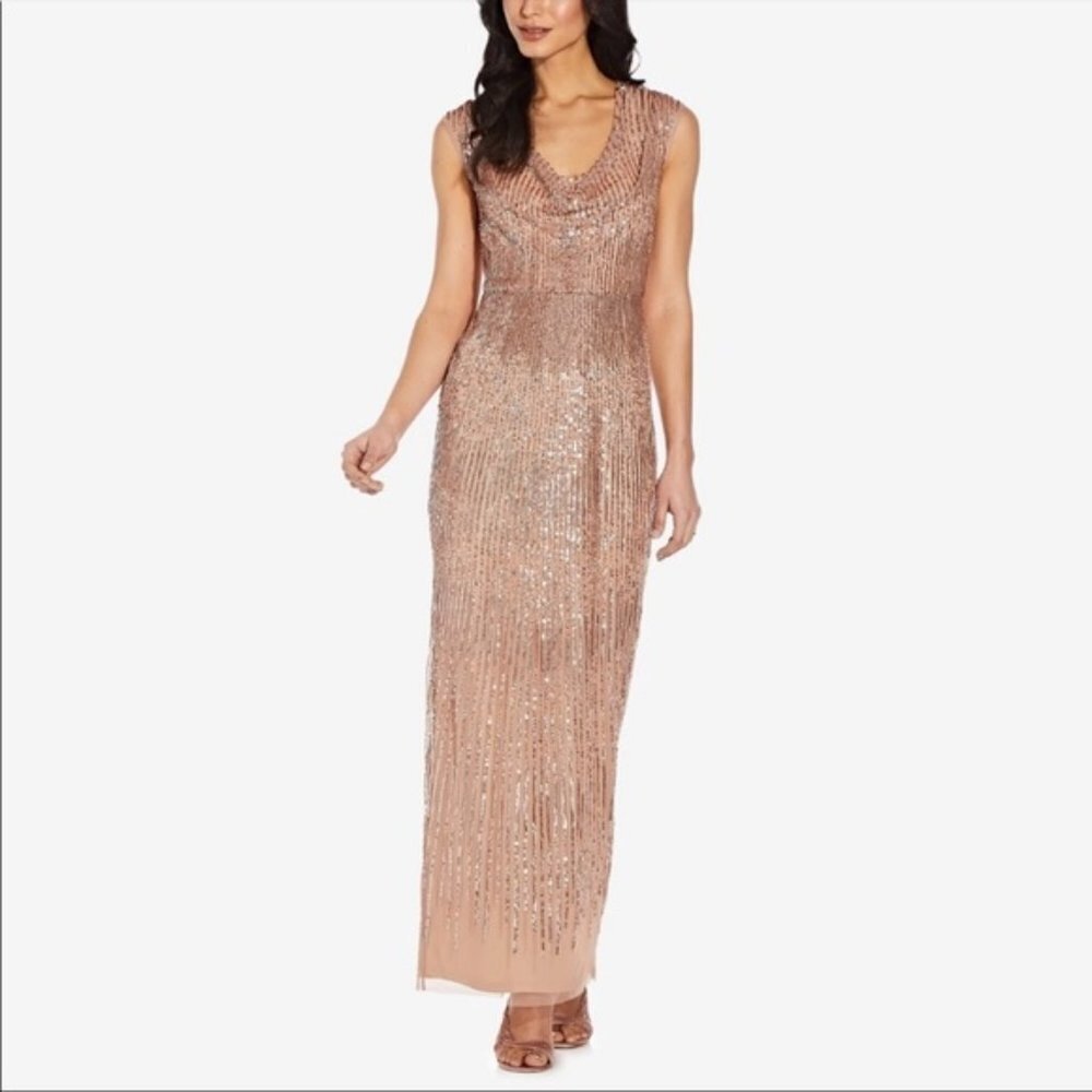 NEW Adrianna Papell Rose Gold cowl neck beaded Column Gown size 12 evening gown